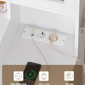 Masuta machiaj cu Oglinda LED si 10 Sertare pentru Cosmetice, Set Masa toaleta 150 cm, Alb, masuta cosmetica cu Priza si USB, vanity cu Suport Uscator de Par si Dulapior Bijuterii - SEA10 - Img 11
