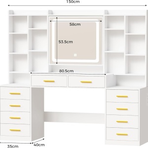 Masuta machiaj cu Oglinda LED si 10 Sertare si Rafturi pentru Cosmetice, Set Masa toaleta 150 cm, Alb, masuta cosmetica cu Priza si USB, vanity cu Dulapior Bijuterii - SEA204 - Img 2
