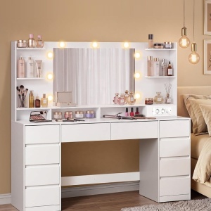 Masuta machiaj cu Oglinda LED si 10 Sertare si Rafturi pentru Cosmetice, Set Masa toaleta 137 cm, Alb, masuta cosmetica, vanity - SEA22 - Img 4