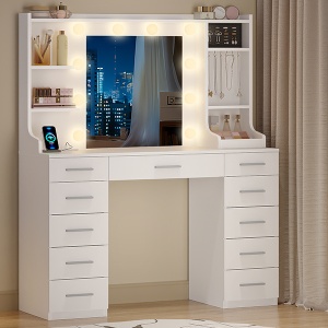 Masuta machiaj cu Oglinda LED si 11 Sertare pentru Cosmetice, Set Masa toaleta 108 cm, Alb, masuta cosmetica, vanity - SEA9 - Img 7