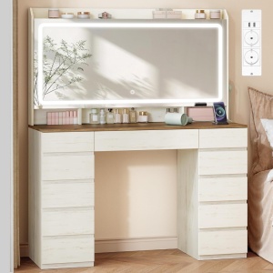 Masuta machiaj cu Oglinda LED si 11 Sertare pentru Cosmetice, Set Masa toaleta 108 cm, Alb, masuta cosmetica, vanity cu Priza si USB - SEA12 - Img 4