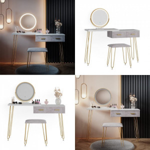 Masuta machiaj cu Oglinda LED si 2 Sertare pentru Cosmetice, Set Masa toaleta 120 cm, Alb, masuta cosmetica, vanity - SEA393 - Img 3