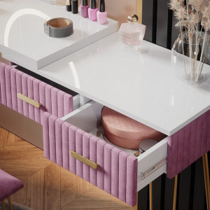 Masuta machiaj cu Oglinda LED si 2 Sertare pentru Cosmetice, Set Masa toaleta 120 cm, Alb, masuta cosmetica, vanity - SEA394 - Img 5