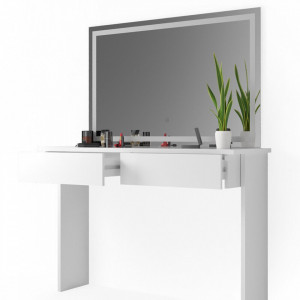 Masuta machiaj cu Oglinda LED si 2 Sertare pentru Cosmetice, Set Masa toaleta 120 cm, Alb Lucios, masuta cosmetica, vanity - SEA411 - Img 4