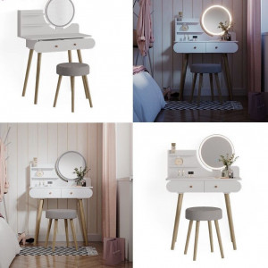 Masuta machiaj cu Oglinda LED si 2 Sertare pentru Cosmetice, Set Masa toaleta 80 cm, Alb, masuta cosmetica, vanity - SEA416 - Img 2