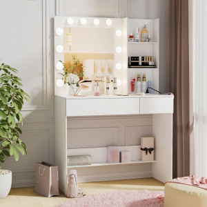 Masuta machiaj cu Oglinda LED si 2 Sertare pentru Cosmetice, Set Masa toaleta 90 cm, Alb, masuta cosmetica, vanity - SEA439 - Img 2