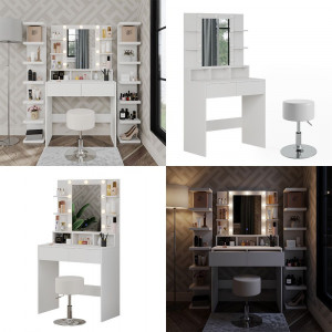 Masuta machiaj cu Oglinda LED si 2 Sertare pentru Cosmetice, Set Masa toaleta 80 cm, Alb, masuta cosmetica, vanity - SEA451 - Img 3