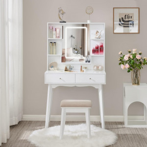 Masuta machiaj cu Oglinda LED si 2 Sertare pentru Cosmetice, Set Masa toaleta 80 cm, Alb, masuta cosmetica, vanity - SEA96 - Img 1