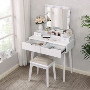 Masuta machiaj cu Oglinda LED si 2 Sertare pentru Cosmetice, Set Masa toaleta 80 cm, Alb, masuta cosmetica, vanity - SEA97 - Img 5