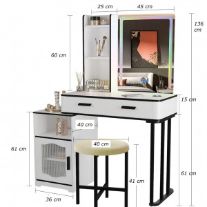 Masuta machiaj cu Oglinda LED si 2 Sertare pentru Cosmetice, Set Masa toaleta 80 cm, Alb, masuta cosmetica, vanity - SEA472 - Img 2