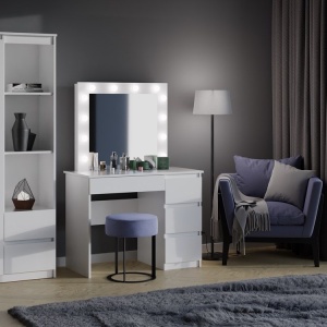 Masuta machiaj cu Oglinda LED si 2 Sertare pentru Cosmetice, Set Masa toaleta 98 cm, Alb, masuta cosmetica, vanity - SEA554