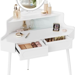 Masuta machiaj cu Oglinda LED si 2 Sertare pentru Cosmetice, Set Masa toaleta 90 cm, Alb, masuta cosmetica, vanity - SEA493 - Img 5