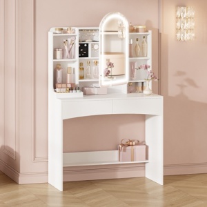 Masuta machiaj cu Oglinda LED si 2 Sertare pentru Cosmetice, Set Masa toaleta 90 cm, Alb, masuta cosmetica, vanity - SEA910 - Img 2