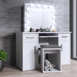 Masuta machiaj cu Oglinda LED si 2 Sertare pentru Cosmetice, Set Masa toaleta 120 cm, Alb, masuta cosmetica, vanity - SEA507