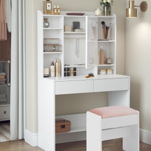 Masuta machiaj cu Oglinda LED si 2 Sertare pentru Cosmetice, Set Masa toaleta 90 cm, Alb, masuta cosmetica, vanity cu sau fara Priza, cu sau fara Scaun - SEA81 - Img 6