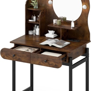 Masuta machiaj cu Oglinda LED si 2 Sertare pentru Cosmetice, Set Masa toaleta 80 cm, Alb / Maro, masuta cosmetica, vanity - SEA834 - Img 2