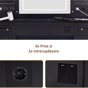 Masuta machiaj cu Oglinda LED si 2 Sertare pentru Cosmetice, Set Masa toaleta 150 cm, Negru / Maro, masuta cosmetica, vanity - SEN259 - Img 5