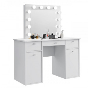 Masuta machiaj cu Oglinda LED si 3 Sertare pentru Cosmetice, Set Masa toaleta 120 cm, Alb, masuta cosmetica, vanity - SEA537 - Img 7