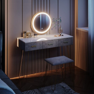 Masuta machiaj cu Oglinda LED si 3 Sertare pentru Cosmetice, Set Masa toaleta 100 cm, Alb, masuta cosmetica, vanity - SEA395 - Img 1