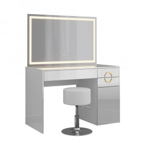 Masuta machiaj cu Oglinda LED si 3 Sertare pentru Cosmetice, Set Masa toaleta 115 cm, Alb Lucios, masuta cosmetica, vanity - SEA442 - Img 5