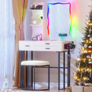 Masuta machiaj cu Oglinda LED si 3 Sertare pentru Cosmetice, Set Masa toaleta 80 cm, Alb, masuta cosmetica, vanity - SEA424