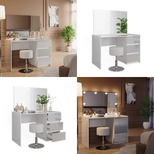 Masuta machiaj cu Oglinda LED si 3 Sertare pentru Cosmetice, Set Masa toaleta 120 cm, Alb Lucios, masuta cosmetica, vanity - SEA805 - Img 4