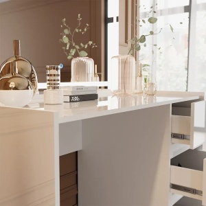 Masuta machiaj cu Oglinda LED si 3 Sertare pentru Cosmetice, Set Masa toaleta 120 cm, Alb Lucios, masuta cosmetica, vanity - SEA806 - Img 5