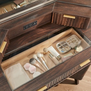 Masuta machiaj cu Oglinda LED si 3 Sertare pentru Cosmetice, Set Masa toaleta 122 cm, Maro, masuta cosmetica, vanity - SEM22 - Img 5