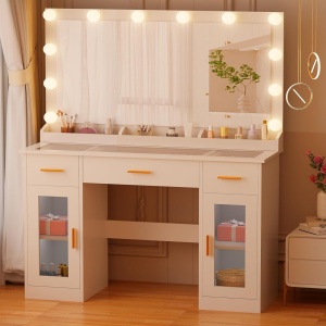 Masuta machiaj cu Oglinda LED si 3 Sertare pentru Cosmetice, Set Masa toaleta 110 cm, Alb, masuta cosmetica, vanity - SEA2 - Img 5