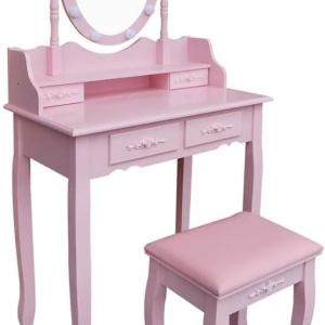 Masuta machiaj cu Oglinda LED si 4 Sertare pentru Cosmetice, Roz, masuta cosmetica, vanity - SER103 - Img 2