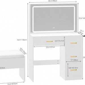 Masuta machiaj cu Oglinda LED si 4 Sertare pentru Cosmetice, Set Masa toaleta 90 cm, Alb, masuta cosmetica, vanity - SEA456 - Img 2