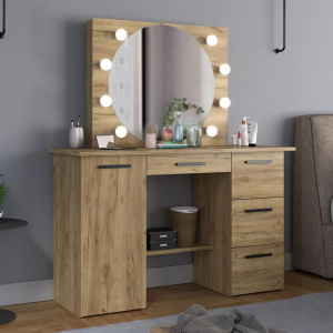 Masuta machiaj cu Oglinda LED si 4 Sertare pentru Cosmetice, Set Masa toaleta 120 cm, Stejar, masuta cosmetica, vanity - SEM514 - Img 6