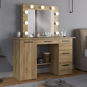 Masuta machiaj cu Oglinda LED si 4 Sertare pentru Cosmetice, Set Masa toaleta 120 cm, Stejar, masuta cosmetica, vanity - SEM516
