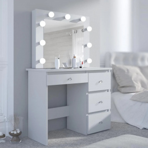 Masuta machiaj cu Oglinda LED si 4 Sertare pentru Cosmetice, Set Masa toaleta 94 cm, Alb, masuta cosmetica, vanity - SEA550 - Img 7