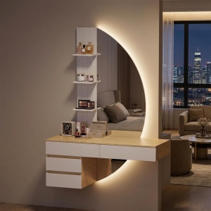Masuta machiaj cu Oglinda LED si 4 Sertare pentru Cosmetice, Set Masa toaleta 106 cm, Alb - Maro, masuta cosmetica, vanity cu Riflaj si Rafturi - SEM247 - Img 5