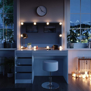 Masuta machiaj cu Oglinda LED si 5 Sertare pentru Cosmetice, Set Masa toaleta 120 cm, Alb Lucios, masuta cosmetica, vanity - SEA348