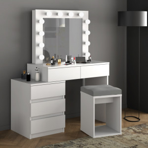 Masuta machiaj cu Oglinda LED si 5 Sertare pentru Cosmetice, Set Masa toaleta 112 cm, Alb, masuta cosmetica, vanity - SEA539