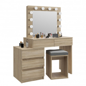 Masuta machiaj cu Oglinda LED si 5 Sertare pentru Cosmetice, Set Masa toaleta 112 cm, masuta cosmetica, vanity - SEM509 - Img 6