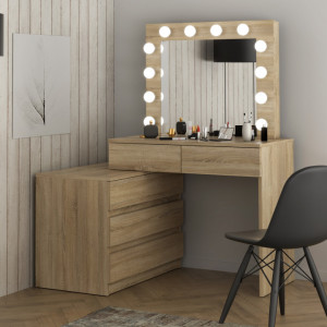 Masuta machiaj cu Oglinda LED si 5 Sertare pentru Cosmetice, Set Masa toaleta 130 cm, masuta cosmetica, vanity - SEM511