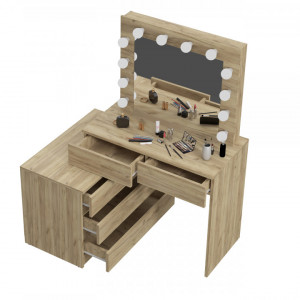 Masuta machiaj cu Oglinda LED si 5 Sertare pentru Cosmetice, Set Masa toaleta 130 cm, Stejar, masuta cosmetica, vanity - SEM512 - Img 5