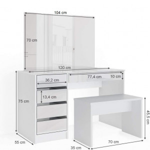 Masuta machiaj cu Oglinda LED si 5 Sertare pentru Cosmetice, Set Masa toaleta 120 cm, Alb Lucios, masuta cosmetica, vanity - SEA348 - Img 4