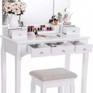 Masuta machiaj cu Oglinda LED si 5 Sertare pentru Cosmetice, Set Masa toaleta 80 cm, Alb, masuta cosmetica, vanity - SEA92 - Img 7