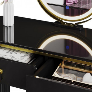 Masuta machiaj cu Oglinda LED si 5 Sertare pentru Cosmetice, Set Masa toaleta 100 cm, Negru, masuta cosmetica, vanity - SEN243 - Img 4