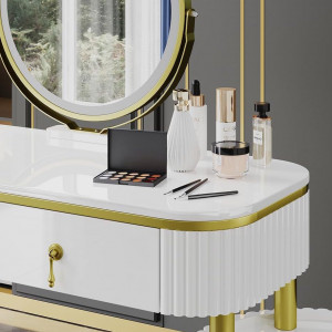 Masuta machiaj cu Oglinda LED si 5 Sertare pentru Cosmetice, Set Masa toaleta 100 cm, Alb, masuta cosmetica, vanity - SEA422 - Img 5