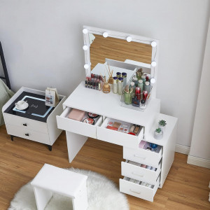 Masuta machiaj cu Oglinda LED si 5 Sertare pentru Cosmetice, Set Masa toaleta 80 cm, Alb, masuta cosmetica, vanity - SEA425 - Img 3