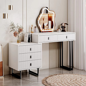 Masuta machiaj cu Oglinda LED si 5 Sertare pentru Cosmetice, Set Masa toaleta 140 cm, Alb, masuta cosmetica, vanity - SEA94 - Img 6
