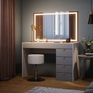 Masuta machiaj cu Oglinda LED si 5 Sertare pentru Cosmetice, Set Masa toaleta 115 cm, Alb, masuta cosmetica, vanity - SEA447