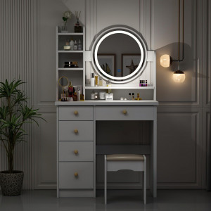 Masuta machiaj cu Oglinda LED si 5 Sertare pentru Cosmetice, Set Masa toaleta 80 cm, Alb, masuta cosmetica, vanity - SEA452 - Img 5