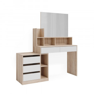 Masuta machiaj cu Oglinda LED si 5 Sertare pentru Cosmetice, Set Masa toaleta 140 cm, Alb, masuta cosmetica, vanity - SEM237 - Img 8