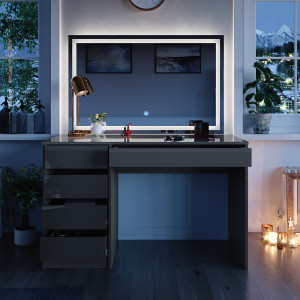 Masuta machiaj cu Oglinda LED si 5 Sertare pentru Cosmetice, Set Masa toaleta 120 cm, Gri, masuta cosmetica, vanity - SEG220 - Img 7